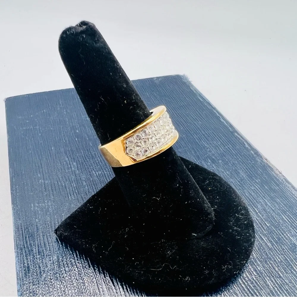 18KT gold overlay cocktail ring size 7 paved rhinestones